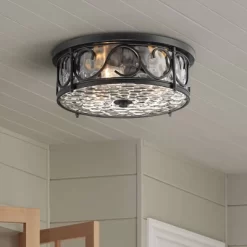 John Timberland Paseo Rustic Industrial Flush Mount Outdoor Ceiling Light Matte Black 6 1/4" Clear Hammered Glass Damp Rated For Post Exterior Barn