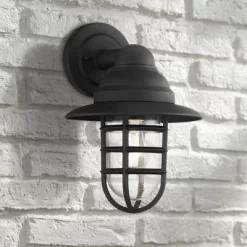 John Timberland Marlowe Rustic Industrial Farmhouse Outdoor Wall Light Fixture Black Hooded Cage 13" Clear Glass For Post Exterior Barn Deck House
