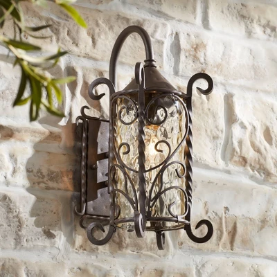 John Timberland Casa Seville Vintage Rustic Outdoor Wall Light Fixture Dark Walnut Scroll 18 1/2" Champagne Hammered Glass For Post Exterior Barn Deck 3 John Timberland Casa Seville Vintage Rustic Outdoor Wall Light Fixture Dark Walnut Scroll 18 1/2" Champagne Hammered Glass For Post Exterior Barn Deck