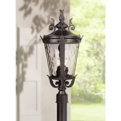 John Timberland Casa Marseille Vintage Outdoor Post Light Textured Black Scroll 25" Clear Hammered Glass For Exterior Barn Deck House Porch Yard Home