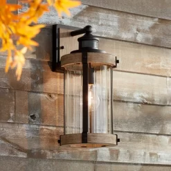John Timberland Stan Rustic Farmhouse Outdoor Wall Light Fixture Gray Faux Wood Black Motion Sensor 15 1/2" Clear Ribbed Glass For Post Exterior Barn -John Timberland GUEST 19d9bd87 d433 4562 bf32 00d2c98607fc