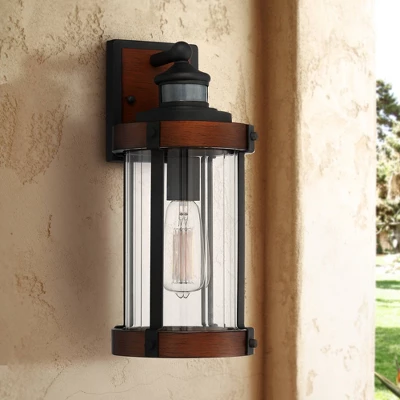 John Timberland Stan Industrial Outdoor Wall Light Fixture Dark Faux Wood Black Motion Sensor 15 1/2" Clear Glass For Post Exterior Barn Deck House 3 John Timberland Stan Industrial Outdoor Wall Light Fixture Dark Faux Wood Black Motion Sensor 15 1/2" Clear Glass For Post Exterior Barn Deck House