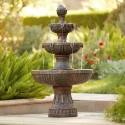 John Timberland Ravenna Rustic 3 Tier Weathered Stone Cascading Outdoor Floor Water Fountain 43" For Yard Garden Patio Home Deck Porch House Exterior