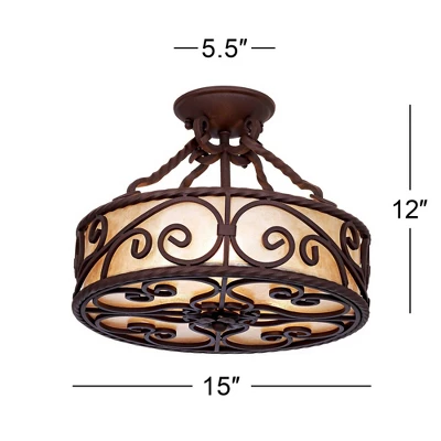 John Timberland Natural Mica Rustic Ceiling Light Semi Flush Mount Fixture 15" Wide Deep Walnut Scroll 3-Light Drum Shade For Bedroom Living Room Home 8 John Timberland Natural Mica Rustic Ceiling Light Semi Flush Mount Fixture 15" Wide Deep Walnut Scroll 3-Light Drum Shade For Bedroom Living Room Home - Image 6