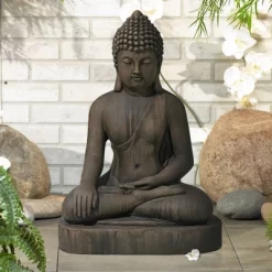 John Timberland Sitting Buddha Statue Sculpture Zen Decor Outdoor Garden Front Porch Patio Yard Outside Dark Sandstone Faux Stone Finish 29 1/2" High