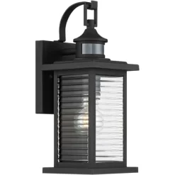 John Timberland Cameron Mission Outdoor Wall Light Fixture Textured Black Motion Sensor Dusk To Dawn 13 3/4" Clear Stripped Glass For Post Exterior -John Timberland GUEST 6a055ccc adfa 436e 88a8 ab78344b0983
