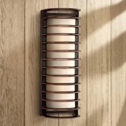 John Timberland Modern Outdoor Wall Light Fixture Rubbed Bronze Grid 16 3/4" Frosted Glass Cylinder For Exterior Porch Patio