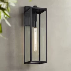 John Timberland Modern Industrial Outdoor Wall Light Fixture Mystic Black 27" Clear Glass Panels For Exterior Barn Deck House Porch Yard Patio Garage
