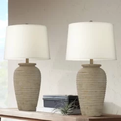 John Timberland Austin 28" Tall Jug Southwest Farmhouse Rustic Table Lamps Set Of 2 Sand Toned Ridged Finish Cream Shade Living Room Bedroom Bedside