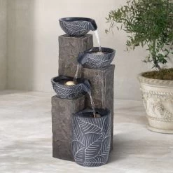 John Timberland Bali Rustic 4-Tier Cascading Bowls Outdoor Floor Water Fountain With LED Light 32 3/4" For Yard Garden Patio Home Deck