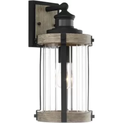John Timberland Stan Rustic Farmhouse Outdoor Wall Light Fixture Gray Faux Wood Black Motion Sensor 15 1/2" Clear Ribbed Glass For Post Exterior Barn -John Timberland GUEST 8e535a05 849f 45dd 97a9 a0c97c6cd0b7