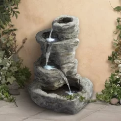 John Timberland 35 John Timberland Zen Outdoor Floor Water Fountain With Light LED 22" High 4 Tiered Cascading Rock For Yard Garden Patio Deck Home