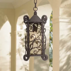 John Timberland Casa Seville Vintage Rustic Outdoor Hanging Light Dark Walnut Scroll 15" Champagne Water Glass For Post Exterior Barn Deck House Porch