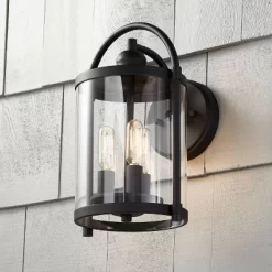 John Timberland 9 John Timberland Avani Modern Outdoor Wall Light Fixture Black Lantern 13" Clear Cylinder Glass For Post Exterior Barn Deck House Porch Yard Patio Home