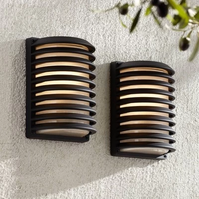 John Timberland Modern Outdoor Wall Light Fixtures Set Of 2 Black Grid 10" Frosted Glass For Post Exterior Barn Deck House Porch Yard Posts Patio Home 3 John Timberland Modern Outdoor Wall Light Fixtures Set Of 2 Black Grid 10" Frosted Glass For Post Exterior Barn Deck House Porch Yard Posts Patio Home