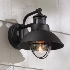 John Timberland Oberlin Rustic Farmhouse Outdoor Barn Light Fixture Black Dusk To Dawn Motion Sensor 9" Clear Seedy Glass For Exterior Deck House Yard