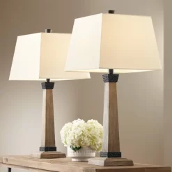 John Timberland Buchan Rustic Farmhouse Table Lamps 29 1/2" Tall Set Of 2 Faux Wood Oatmeal Square Shade For Bedroom Living Room Bedside Nightstand