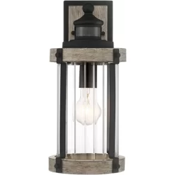 John Timberland Stan Rustic Farmhouse Outdoor Wall Light Fixture Gray Faux Wood Black Motion Sensor 15 1/2" Clear Ribbed Glass For Post Exterior Barn -John Timberland GUEST b9b5a12c 3180 4ba1 93c4 5685fabcdcb3