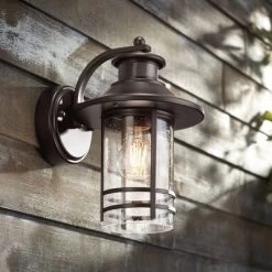 John Timberland Galt Outdoor Mission Wall Light Fixture Oil Rubbed Bronze Motion Sensor Dusk To Dawn 11 1/4" Seedy Glass For Post Exterior Barn Deck