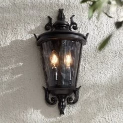 John Timberland Casa Marseille Vintage Rustic Outdoor Wall Light Fixture Textured Black Scroll 17" Clear Hammered Glass For Post Exterior Barn Deck