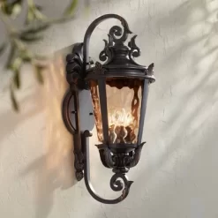 John Timberland 15 John Timberland Casa Marseille Vintage Rustic Outdoor Wall Light Fixture Veranda Bronze Ornate Scroll 31" Champagne Hammered Glass For Post Exterior
