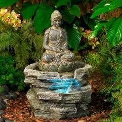 John Timberland Rustic Zen Buddha Outdoor Floor Water Fountain With Light LED 21" High Sitting For Yard Garden Patio Deck Home
