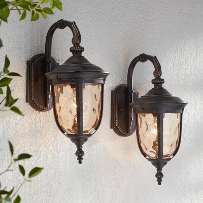 John Timberland Bellagio Vintage Outdoor Wall Light Fixtures Set Of 2 Veranda Bronze Downbridge 16 1/2" Champagne Hammered Glass For Post Exterior 3 John Timberland Bellagio Vintage Outdoor Wall Light Fixtures Set Of 2 Veranda Bronze Downbridge 16 1/2" Champagne Hammered Glass For Post Exterior