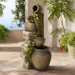 John Timberland 39 John Timberland Cascading Rustic Three Jugs Outdoor Floor Water Fountain 33" For Yard Garden Patio Home Deck Porch House Exterior Balcony Roof