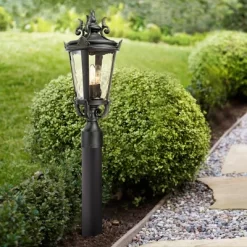 John Timberland Traditional Outdoor Post Light Fixture LED Matte Black 32 1/2" Champagne Hammered Glass House Patio Garden Yard
