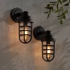 John Timberland Marlowe Industrial Outdoor Wall Light Fixtures Set Of 2 Bronze Metal Cage 13 1/4" Clear Glass For Post Exterior Barn Deck House Porch -John Timberland GUEST eaf0043e 3f61 4081 85a5 d2715d324e33