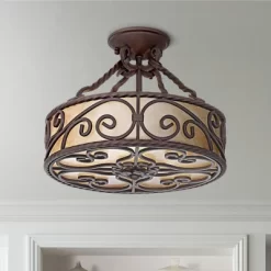 John Timberland Natural Mica Rustic Ceiling Light Semi Flush Mount Fixture 15" Wide Deep Walnut Scroll 3-Light Drum Shade For Bedroom Living Room Home