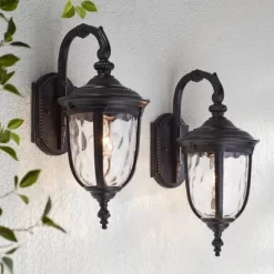 John Timberland Bellagio Vintage Outdoor Wall Light Fixtures Set Of 2 Texturized Black Downbridge 16 1/2" Clear Hammered Glass For Post Exterior Barn