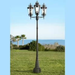 John Timberland Casa Marseille Vintage Outdoor Post Light Textured Black 3-Light Street Lantern 100" Clear Hammered Glass For Exterior Light Barn Deck